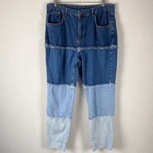 Ragged Priest Mom Jeans Womens 36 Blue Patchwork Frayed Boho Urban Streetwear